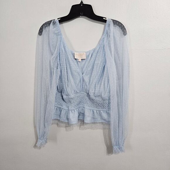 Audrey Parks Soft Blue Tulle Blouse Sheer Long Sleeve Crop V-Neck Size Large - Picture 3 of 10